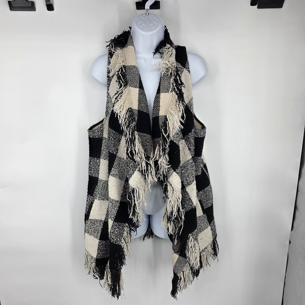Chelsea & Theodore Buffalo Plaid Fringe Vest Black White Pockets Large